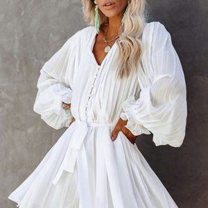 White Pleated Ruffled Tie Waist Buttons V Neck Romper